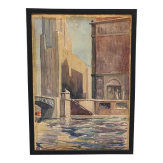 Franke Sunshine on the Bridge Original Watercolor, Signed Circa 1938 For Sale