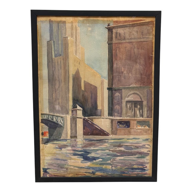 Franke Sunshine on the Bridge Original Watercolor, Signed Circa 1938 For Sale