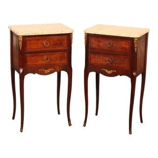French Louis XV Style Marble Top Ormolu Side Tables - A Pair For Sale