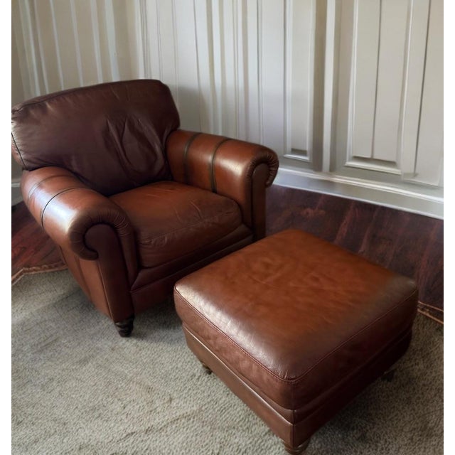 2000 - 2009 Natuzzi Maturità Italian Cognac Leather Armchair & Ottoman – Made in Italy For Sale - Image 5 of 12