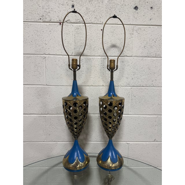 Blue 1960s Tony Paul Style Westwood Industries Brass and Blue Enamel Lamps - A Pair For Sale - Image 8 of 12
