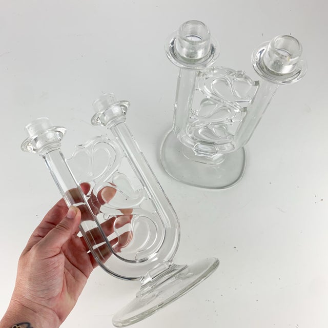 Vintage Crystal Glass Double Candlestick Holders Pair Ivy Vines Romantic Decor For Sale - Image 11 of 11