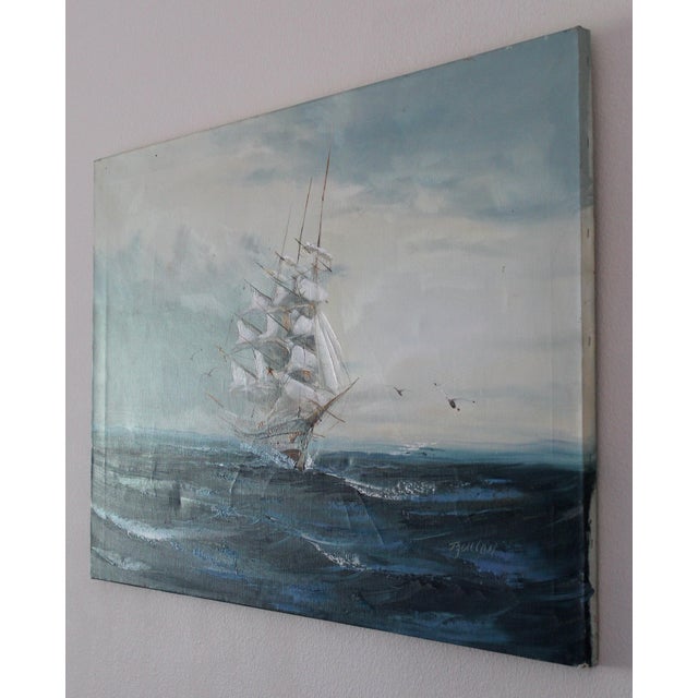 1950s Vintage Mid-20th Century Signed Maritime Oil Painting of Tall Ship at Sea – Nautical Seascape on Canvas For Sale - Image 5 of 14