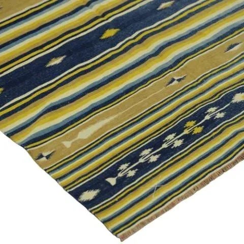 Traditional Vintage Dhurrie Rug in Yellow and Blue Stripes and Geometry | Rug & Kilim For Sale - Image 3 of 5