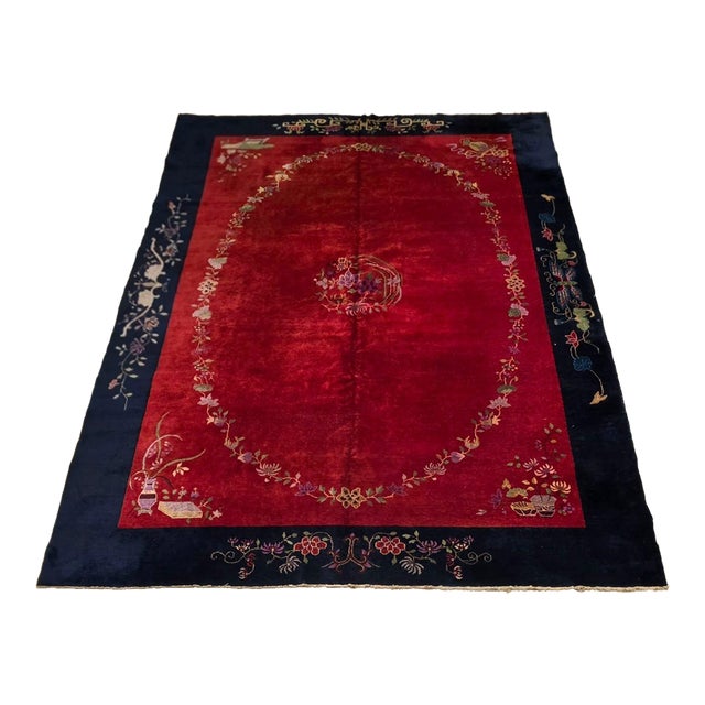 Antique Chinese Art Deco Red and Navy Blue Floral Wool Rug For Sale