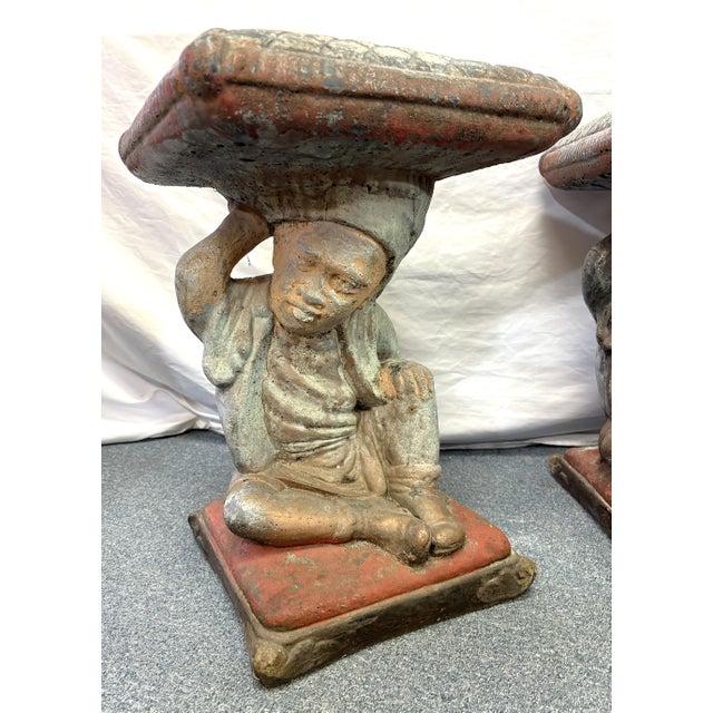Sculpture Materials Vintage Cast Cement Figural Putti Garden Stools- A Pair For Sale - Image 7 of 18