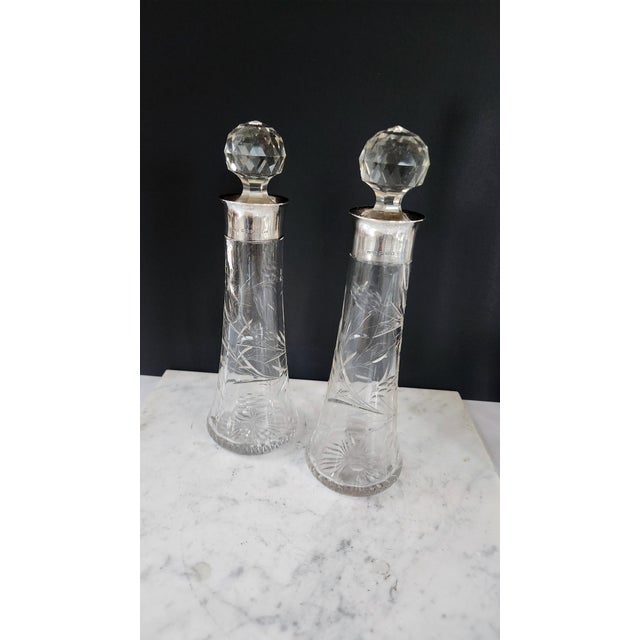 Antique English Sterling Silver & Cut Crystal Decanter Pair — 1899 Birmingham j.g & S Hallmarked, Etched Floral Pattern, Edwardian Bar Cart Accents For Sale - Image 4 of 16