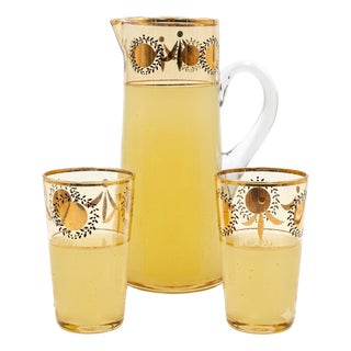 Mid-Century Yellow Glass Lemonade Set with Gilt Geometric Motif, 1950s, Set of 3 For Sale