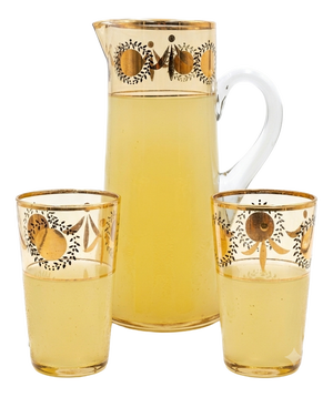 Mid-Century Yellow Glass Lemonade Set with Gilt Geometric Motif, 1950s, Set of 3