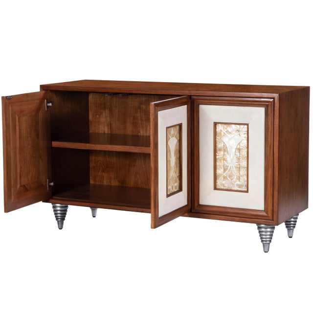 Shelly Leather & Capiz Shell Inlay 55" Sideboard, Medium Brown For Sale - Image 10 of 12
