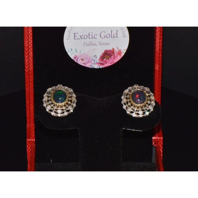 Certified Natural 4.41Cts VS F Diamond Black Opal 18K Solid Gold Cocktail Earrings, A Pair For Sale - Image 9 of 10