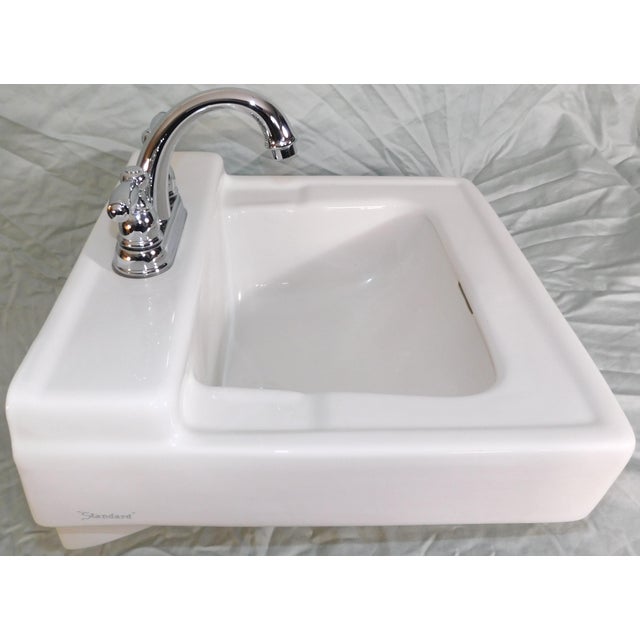 Metal 1963 Vintage Standard Sanitary Manufacturing Company Wall-Mounted Porcelain Sink For Sale - Image 7 of 17