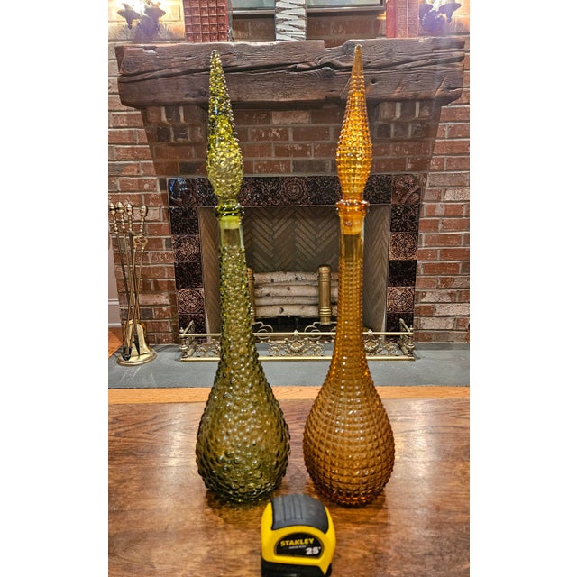 Mid-Century Modern Pair of Vintage Glass Genie Bottles - Amber Diamond and Green Hobnail For Sale - Image 3 of 15