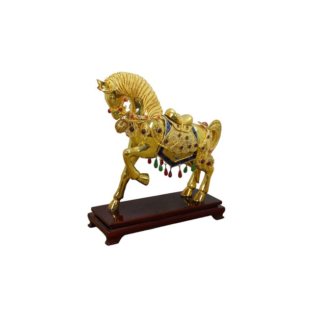 Chinese Vintage Chinese Gold Plated Jeweled Tang Horse Sculpture Statue 10" For Sale - Image 3 of 16