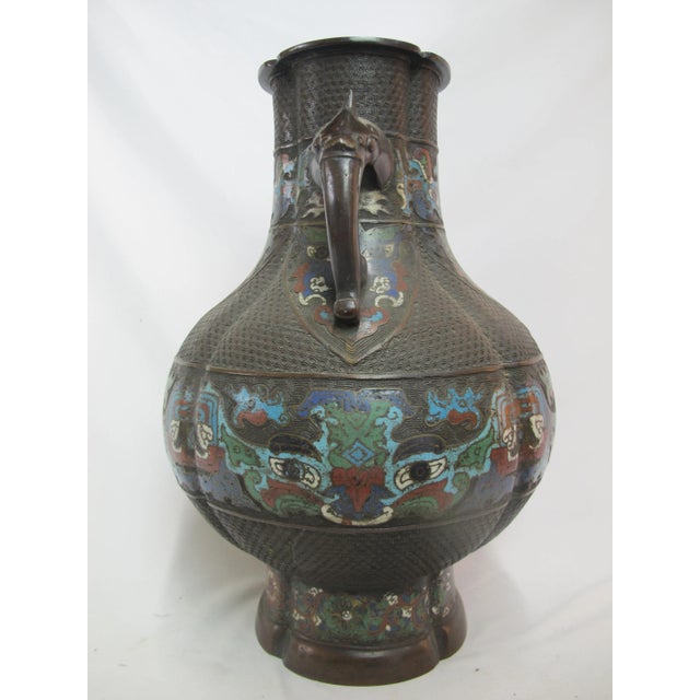Large Bronze Chinese Antique Champleve Double Elephant Handle Urn Vase For Sale - Image 4 of 9