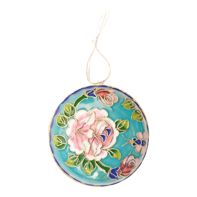 Cloisonné Rose Christmas Ornament in Turquoise & Cobalt Blue For Sale