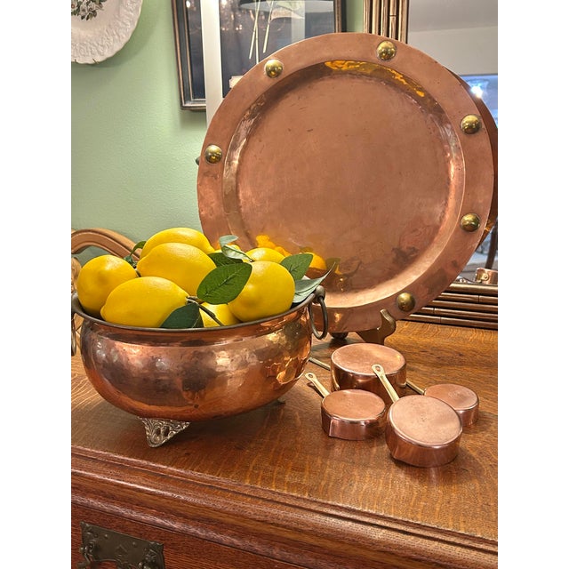 Vintage Hammered Copper Footed Cachepot Bowl With Brass Ring Handles, 10.5” For Sale - Image 4 of 11