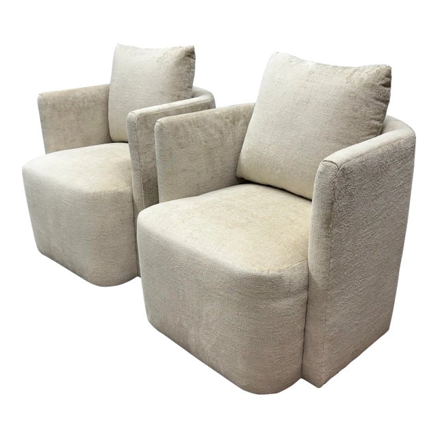 Custom Hewn Workshop Pigalle Chairs on Casters + Rose Tarlow Luciana in Sanderling Upholstery, Pair For Sale