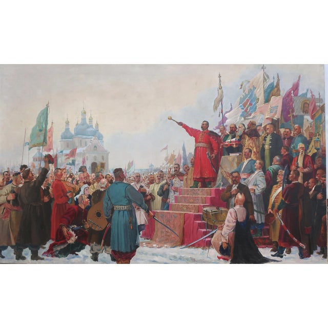 Original 'Pereyaslavskaya Rada' Oil Painting: Ukrainian Cossacks, Soviet Art 1970s 123-200 For Sale
