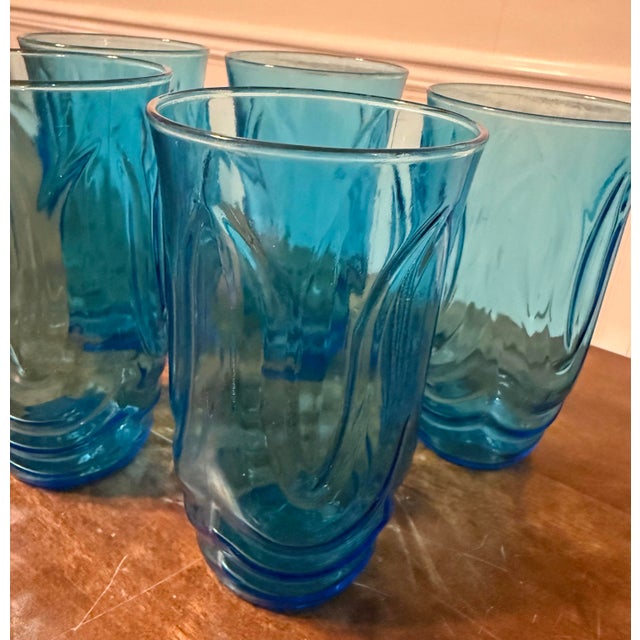 Glass Period Mid 20th Century Anchor Honking Mid Century modern Colonial Tulip Laser Blue Glasses - Set of 5 For Sale - Image 7 of 10