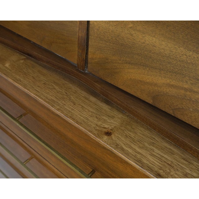 Mid-Century Modern Light Walnut Bow Front Drawers Long Brass Pull Hardware Gentleman's Chest Mint For Sale - Image 3 of 18