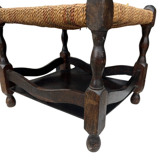 Brown 1940s English Country Oak and Rush Footstool For Sale - Image 8 of 9