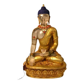 Late 20th Century Natural Rock Crystal Gilt Bronze Buddha Nepal Authenticity Seal For Sale