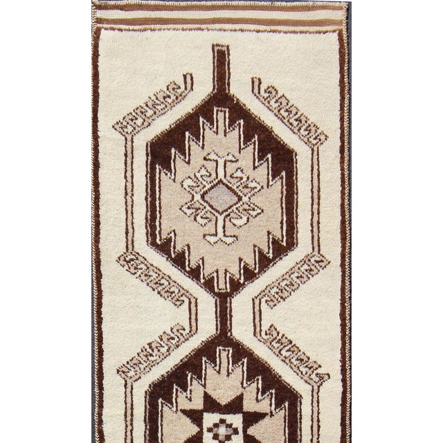 Vintage Turkish Tulu Runner With Brown and Cream Geometric Medallions 3'5 X 11'9 For Sale - Image 4 of 11