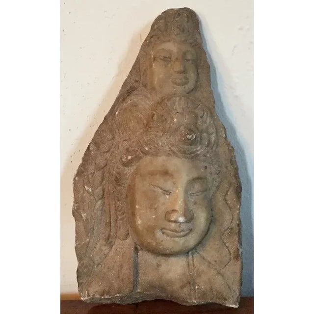 19th Century Carved Stone Fragment Statue Plaque of a Double Buddha Head Bust For Sale - Image 4 of 11
