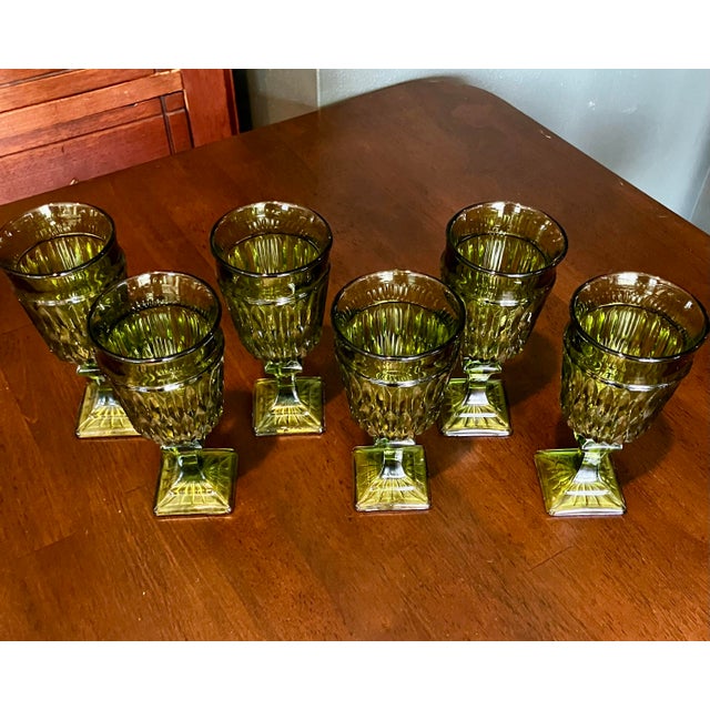 Mid-Century Modern 1960s Mid-Century Modern Avocado Green Diamond Point Goblets – Elegant Set of 6 For Sale - Image 3 of 14