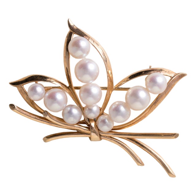 Vintage Mikimoto Akoya Pearl Lotus Floral Brooch 14k Gold For Sale