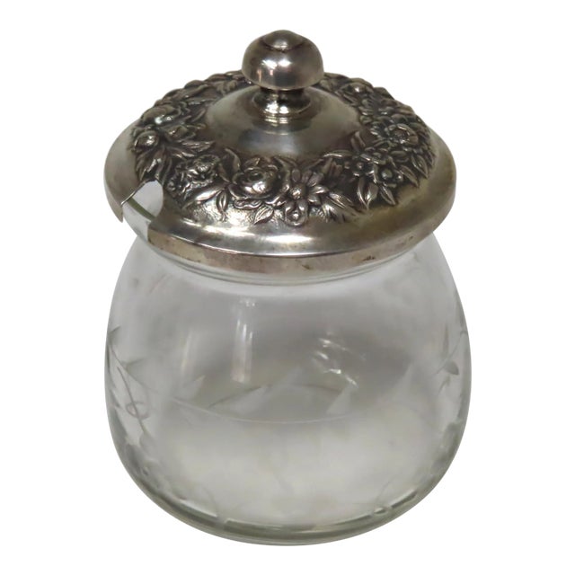Vintage Kirk & Son Sterling Silver Etch Cut Glass Jam Jar For Sale