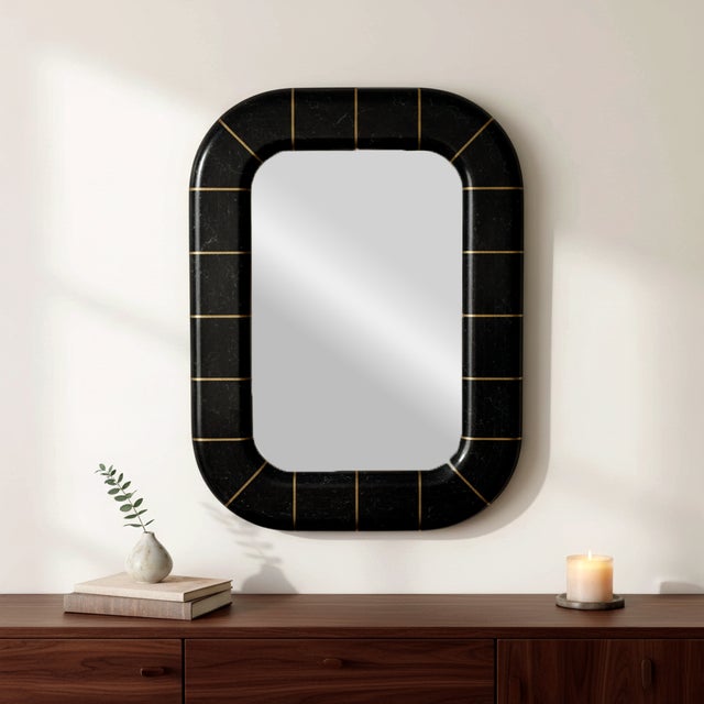 1980s Postmodern Tessellated Stone Wall Mirror Inlaid Brass Spokes Attrib. Maitland-Smith For Sale - Image 9 of 10