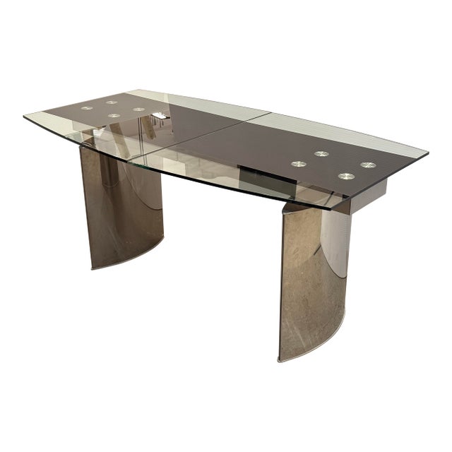 Modern Double Pedestal Extendable Glass Top Table For Sale