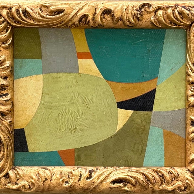 Mid-Century Modern Contemporary Abstract Oil Painting in Vintage Blue Painted Frame For Sale - Image 3 of 6