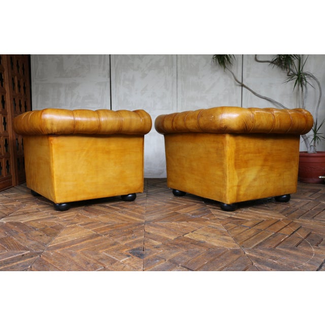 Animal Skin Vintage Pair of Brown Honey Leather Chesterfield Club Chairs — England, Circa 1950 For Sale - Image 7 of 18