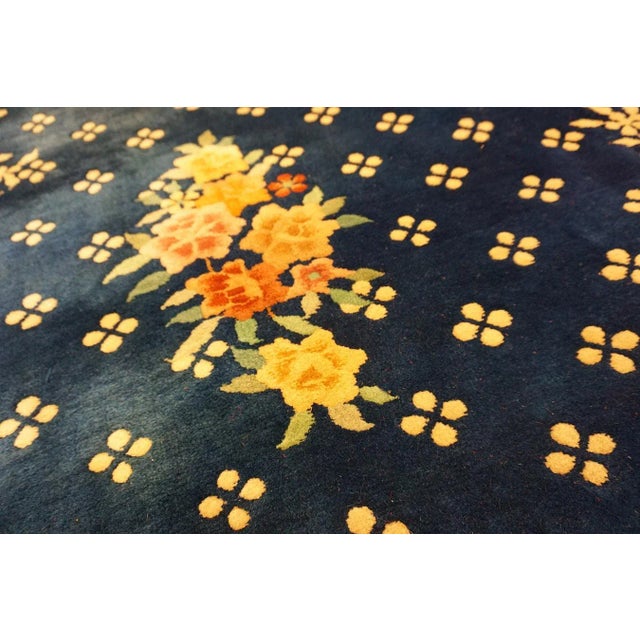 1930s Blue Navy Roses 4 Star Antique Chinese Art Deco Carpet 9' X 11'4" Knotted Wool Rug For Sale - Image 9 of 14