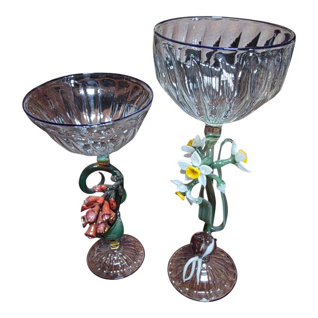 Two Janis Miltenberger Art Glass Flower Goblets For Sale
