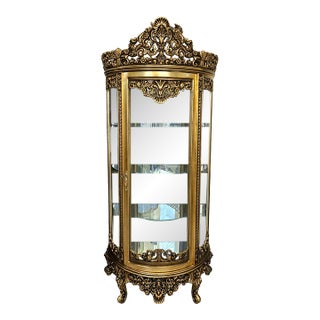French Rococo Glass Display Cabinet – Gold Leaf Curio Vitrine With 4 Shelves & Key For Sale