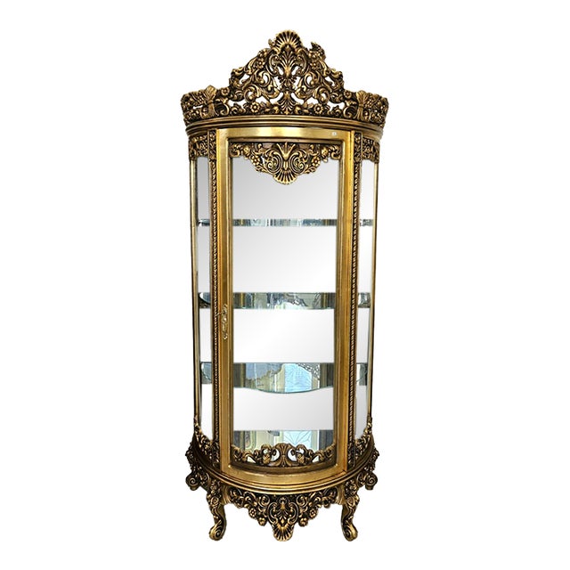 French Rococo Glass Display Cabinet – Gold Leaf Curio Vitrine With 4 Shelves & Key For Sale