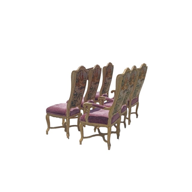 Boho Chic Vintage Set of 6 Upholstered Dining Chairs With Village Scene For Sale - Image 3 of 6