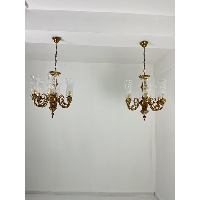 6-Light Venetian Brass and Murano Glass Chandeliers, 1960s, Set of 2 For Sale - Image 9 of 14