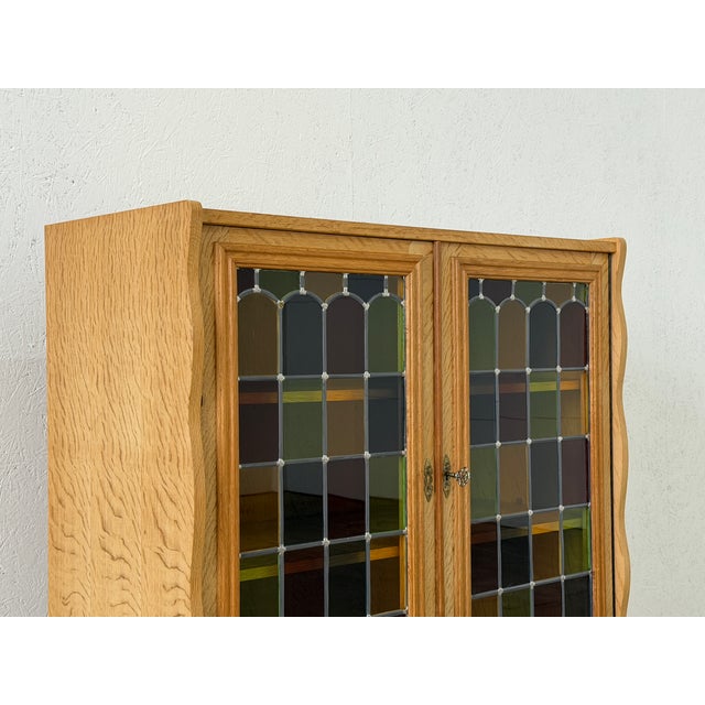 1960s Vintage Oak Display Cabinet with Stained Glass Doors by Henning Kjærnulf, 1960s For Sale - Image 5 of 14