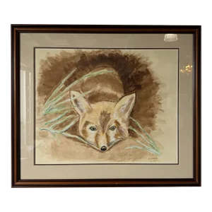 1970 D. Wood Fox Portrait Watercolor Painting, Framed