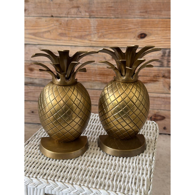 Metal Vintage Coastal Regency Solid Brass Pineapple Bookends – Pair For Sale - Image 7 of 12