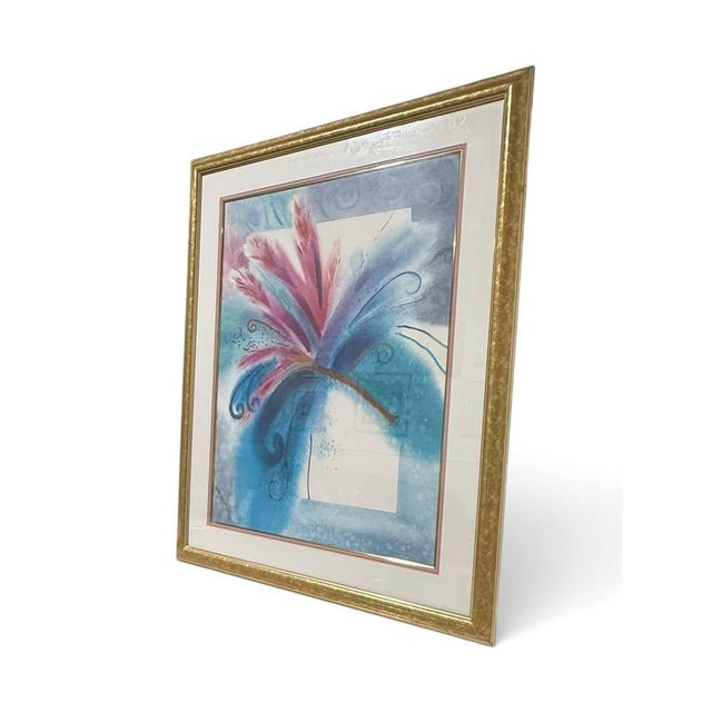 Contemporary Vintage Framed Abstract Floral Artwork in Blue, Teal and Pink With Gold Frame - Signed For Sale - Image 3 of 5