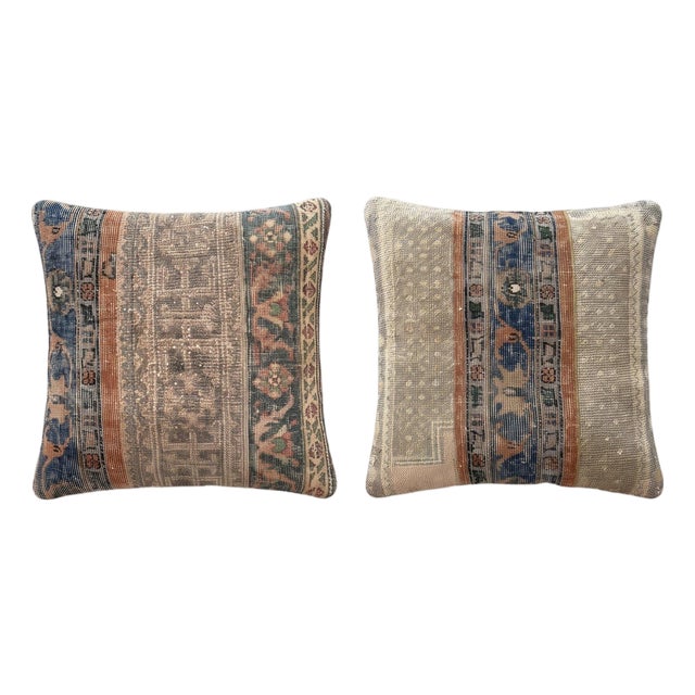 Blue Striped Rug Pillow Cover 24'' X 24'' - Set of Two For Sale