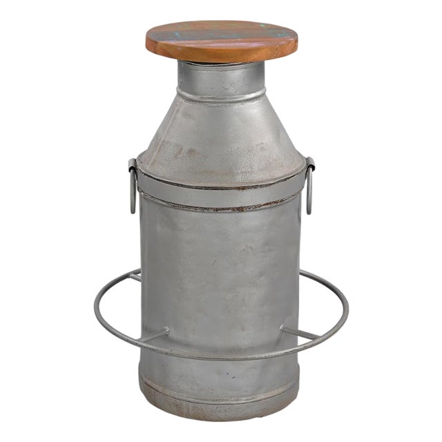 1920s Farmhouse Metal Milk Can & Wood Counter Stools, Set of 2 For Sale