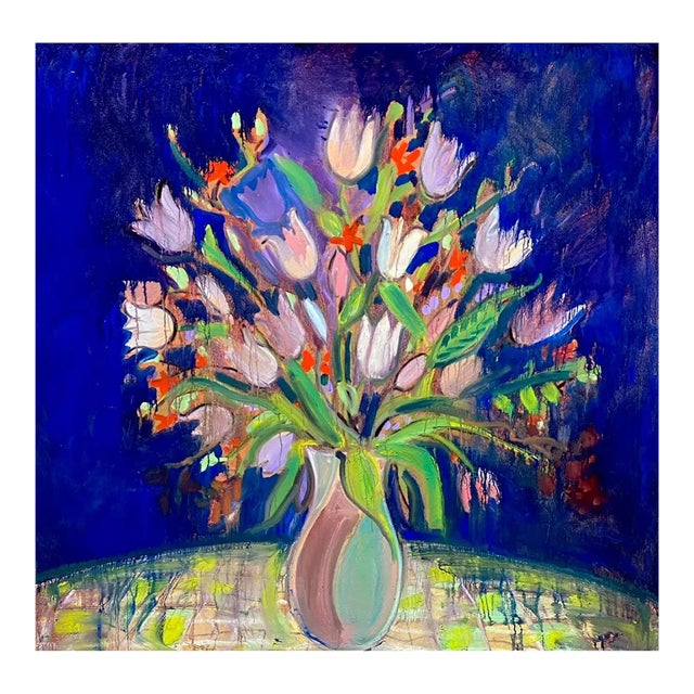 Vibrant Expressionist 4’x4’ Floral Still Life Original Oil on Canvas 4’sq Floral Hartman For Sale