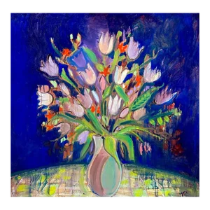 Vibrant Expressionist 4’x4’ Floral Still Life Original Oil on Canvas 4’sq Floral Hartman